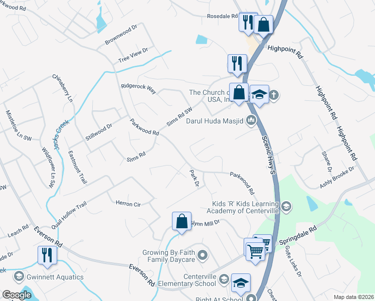 map of restaurants, bars, coffee shops, grocery stores, and more near 2859 Rusticwood Drive Southwest in Snellville