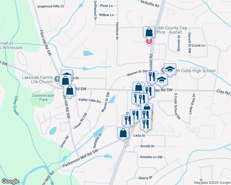 map of restaurants, bars, coffee shops, grocery stores, and more near 2125 Clay Road Southwest in Austell