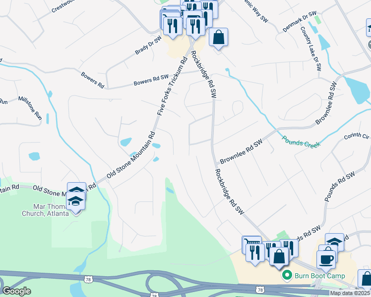 map of restaurants, bars, coffee shops, grocery stores, and more near 1481 Pine Street Southwest in Stone Mountain