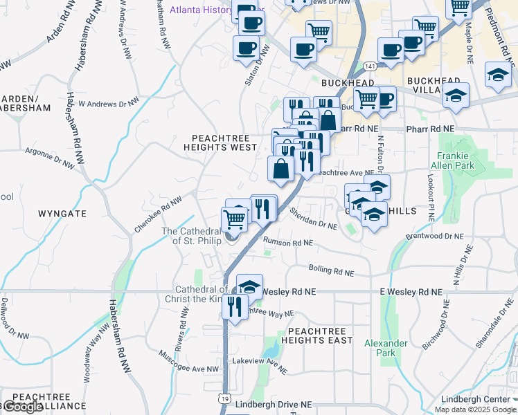 map of restaurants, bars, coffee shops, grocery stores, and more near 2828 Peachtree Road in Atlanta