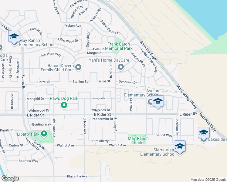 map of restaurants, bars, coffee shops, grocery stores, and more near 3395 Thistlewood Lane in Perris