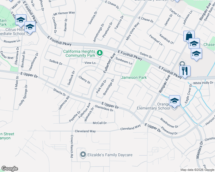 map of restaurants, bars, coffee shops, grocery stores, and more near 3610 Brentridge Drive in Corona