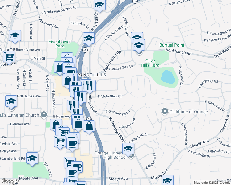 map of restaurants, bars, coffee shops, grocery stores, and more near 2204 North Vista Glen Road in Orange