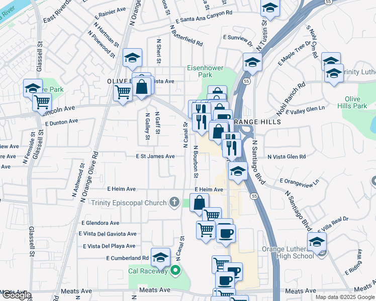 map of restaurants, bars, coffee shops, grocery stores, and more near 2621 North Canal Street in Orange