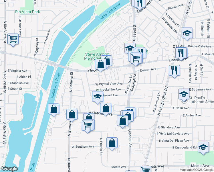 map of restaurants, bars, coffee shops, grocery stores, and more near 404 West Brookshire Avenue in Orange