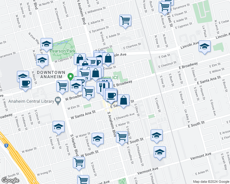 map of restaurants, bars, coffee shops, grocery stores, and more near 401 South Claudina Street in Anaheim