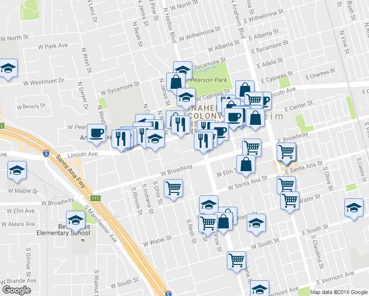 map of restaurants, bars, coffee shops, grocery stores, and more near 540 West Chestnut Street in Anaheim