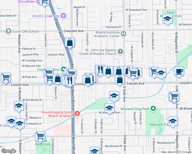 map of restaurants, bars, coffee shops, grocery stores, and more near 100 North Ridgeway Street in Anaheim
