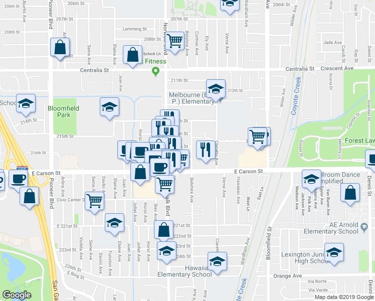 map of restaurants, bars, coffee shops, grocery stores, and more near 21638 Belshire Avenue in Hawaiian Gardens