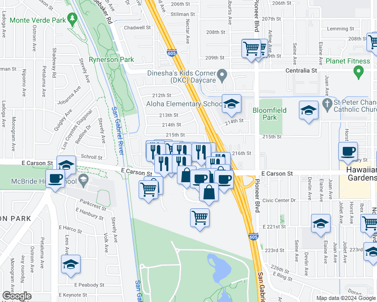 map of restaurants, bars, coffee shops, grocery stores, and more near 11526 216th Street in Lakewood