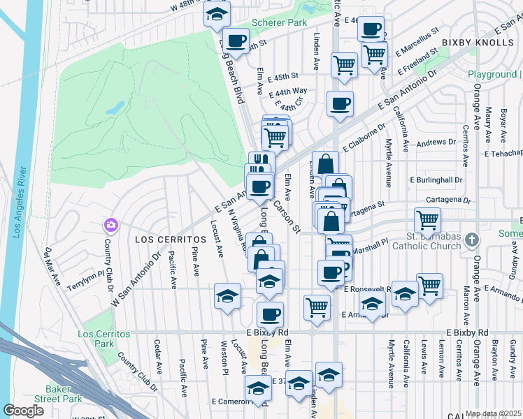 map of restaurants, bars, coffee shops, grocery stores, and more near 4101 Long Beach Boulevard in Long Beach