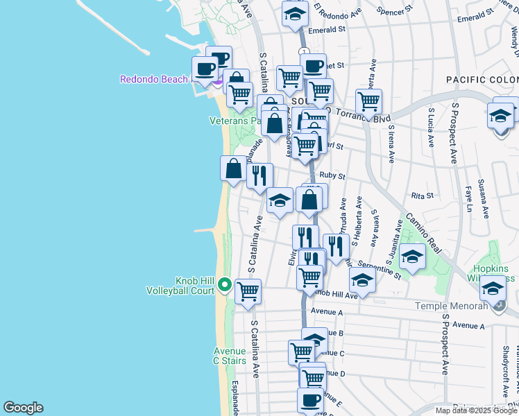 map of restaurants, bars, coffee shops, grocery stores, and more near 616 Esplanade in Redondo Beach