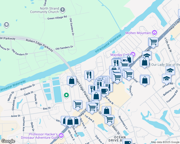 map of restaurants, bars, coffee shops, grocery stores, and more near 101 Riptide Circle in North Myrtle Beach