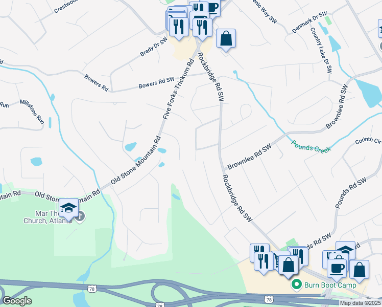map of restaurants, bars, coffee shops, grocery stores, and more near 1481 Pine Street Southwest in Stone Mountain
