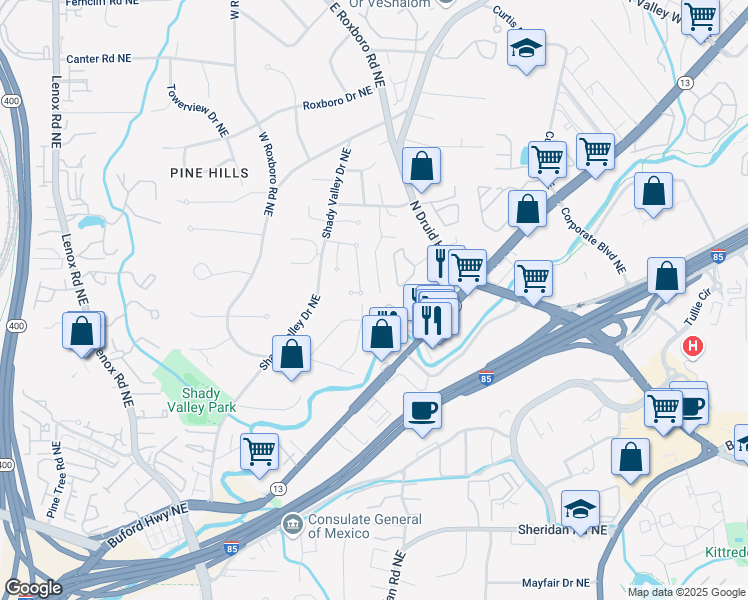map of restaurants, bars, coffee shops, grocery stores, and more near 1720 Buckhead Valley Lane Northeast in Atlanta