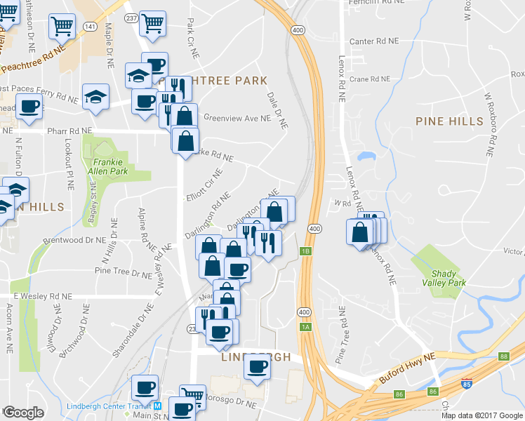 map of restaurants, bars, coffee shops, grocery stores, and more near 699 Darlington Circle Northeast in Atlanta