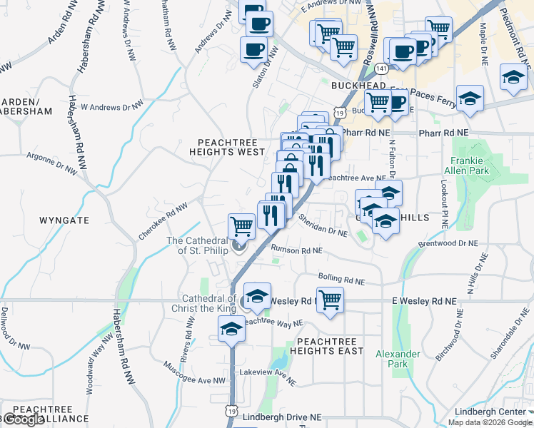 map of restaurants, bars, coffee shops, grocery stores, and more near 2814 Peachtree Road Northwest in Atlanta