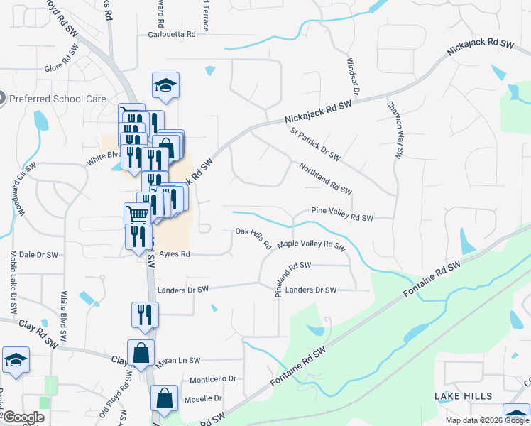 map of restaurants, bars, coffee shops, grocery stores, and more near 475 Valley Creek Road Southwest in Mableton