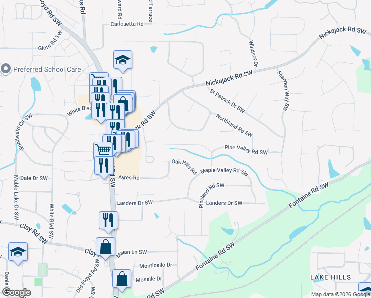 map of restaurants, bars, coffee shops, grocery stores, and more near 503 Valley Creek Road Southwest in Mableton