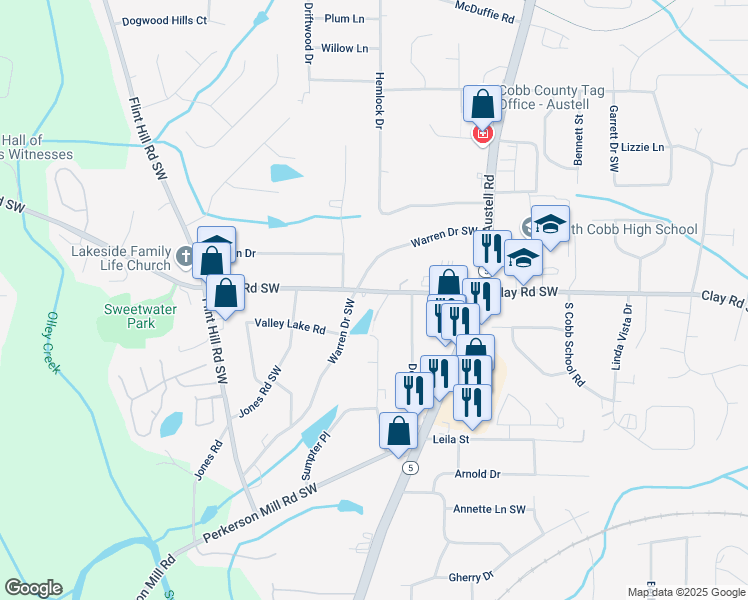 map of restaurants, bars, coffee shops, grocery stores, and more near 2125 Clay Road Southwest in Austell