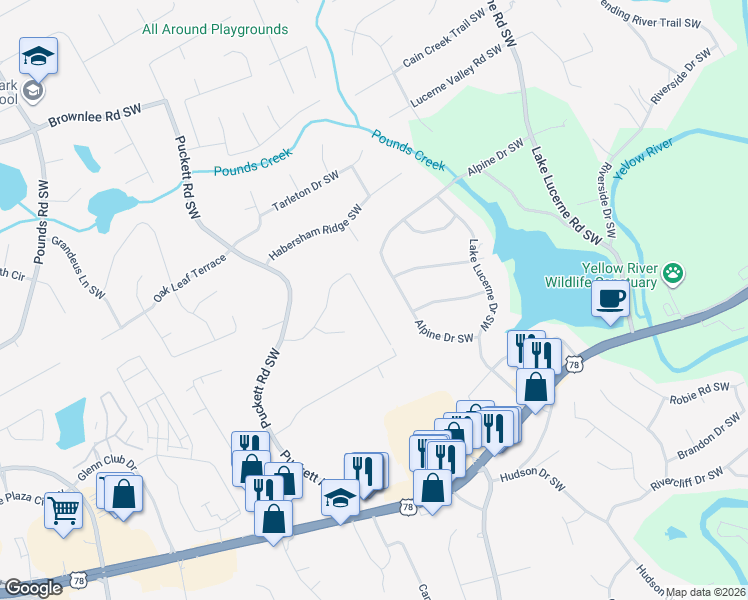 map of restaurants, bars, coffee shops, grocery stores, and more near 4771 Valley Dale Drive Southwest in Lilburn