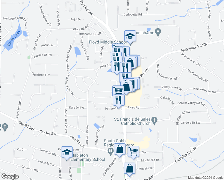 map of restaurants, bars, coffee shops, grocery stores, and more near 903 Joseph Club Drive in Mableton