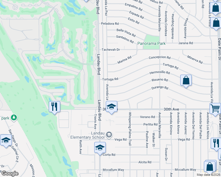 map of restaurants, bars, coffee shops, grocery stores, and more near 68110 Risueno Road in Cathedral City