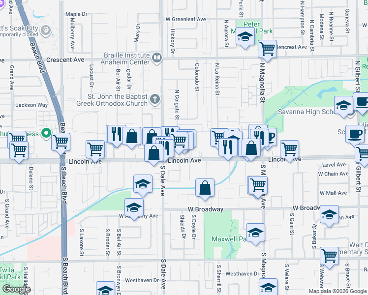 map of restaurants, bars, coffee shops, grocery stores, and more near 125 North Syracuse Street in Anaheim