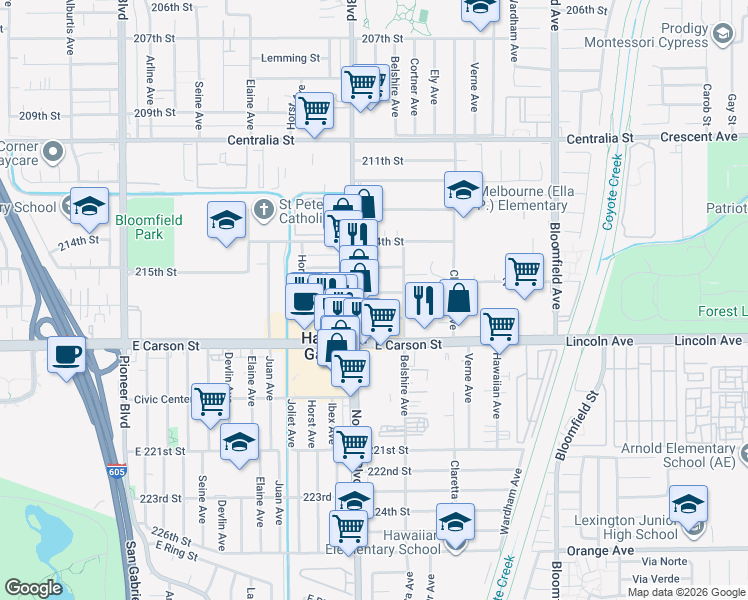 map of restaurants, bars, coffee shops, grocery stores, and more near 12229 East Tilbury Street in Hawaiian Gardens