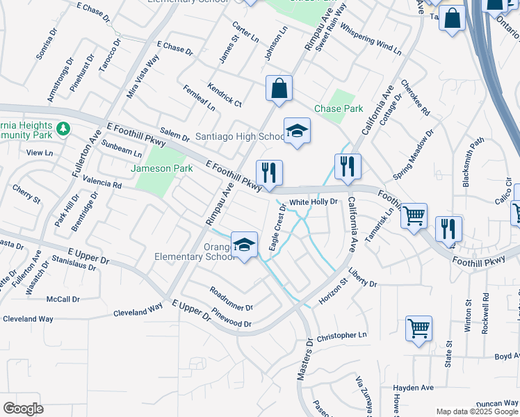 map of restaurants, bars, coffee shops, grocery stores, and more near 1369 Soundview Circle in Corona