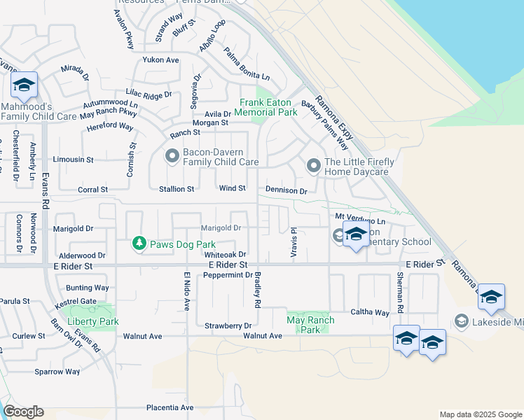 map of restaurants, bars, coffee shops, grocery stores, and more near 3343 Night Bloom Lane in Perris