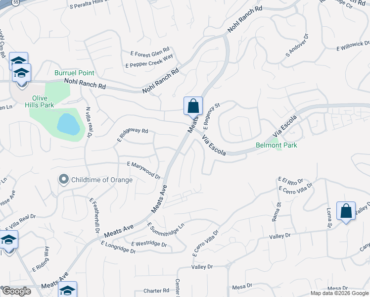 map of restaurants, bars, coffee shops, grocery stores, and more near 2606 North Waterford Street in Orange