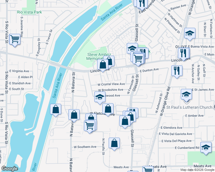 map of restaurants, bars, coffee shops, grocery stores, and more near 410 West Crystal View Avenue in Orange