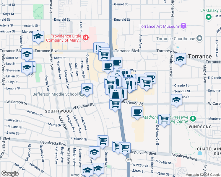 map of restaurants, bars, coffee shops, grocery stores, and more near 21535 Hawthorne Boulevard in Torrance