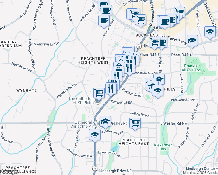 map of restaurants, bars, coffee shops, grocery stores, and more near 2814 Peachtree Road Northwest in Atlanta