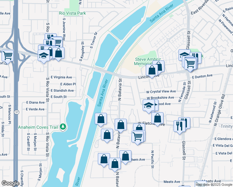 map of restaurants, bars, coffee shops, grocery stores, and more near 2671 North River Trail Road in Orange