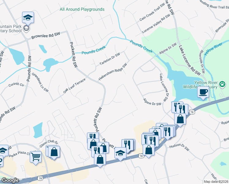 map of restaurants, bars, coffee shops, grocery stores, and more near 4891 Valley Dale Drive Southwest in Lilburn