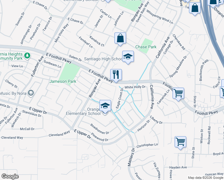 map of restaurants, bars, coffee shops, grocery stores, and more near 1369 Soundview Circle in Corona