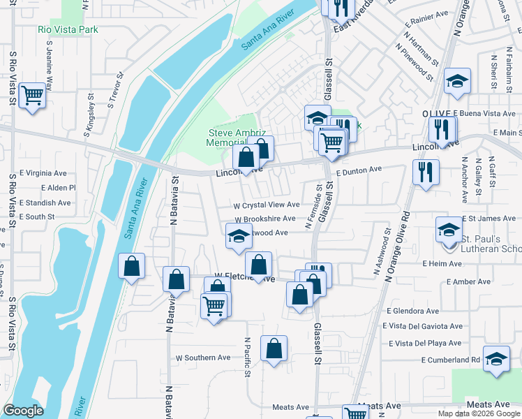 map of restaurants, bars, coffee shops, grocery stores, and more near 404 West Brookshire Avenue in Orange