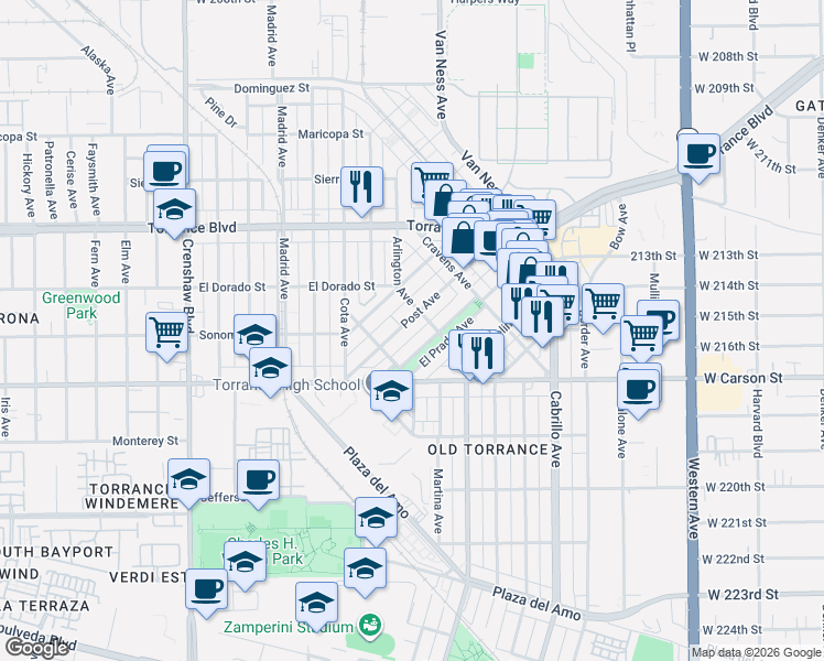 map of restaurants, bars, coffee shops, grocery stores, and more near 1531 El Prado Avenue in Torrance