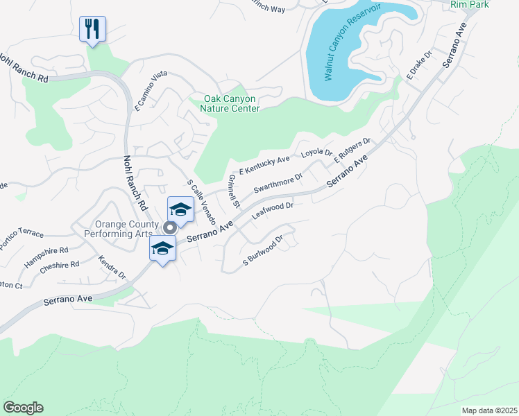 map of restaurants, bars, coffee shops, grocery stores, and more near 1050 Falling Leaf Circle in Anaheim