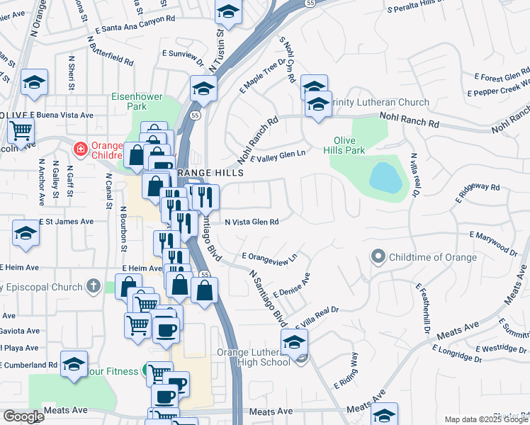 map of restaurants, bars, coffee shops, grocery stores, and more near 2230 East Vista Mesa Way in Orange