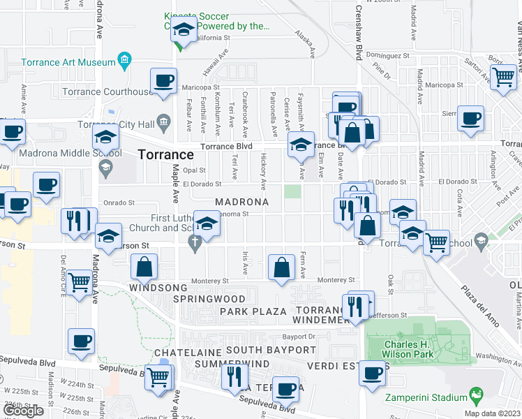map of restaurants, bars, coffee shops, grocery stores, and more near 2751 Sonoma Street in Torrance