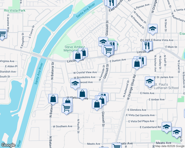 map of restaurants, bars, coffee shops, grocery stores, and more near 224 West Crystal View Avenue in Orange