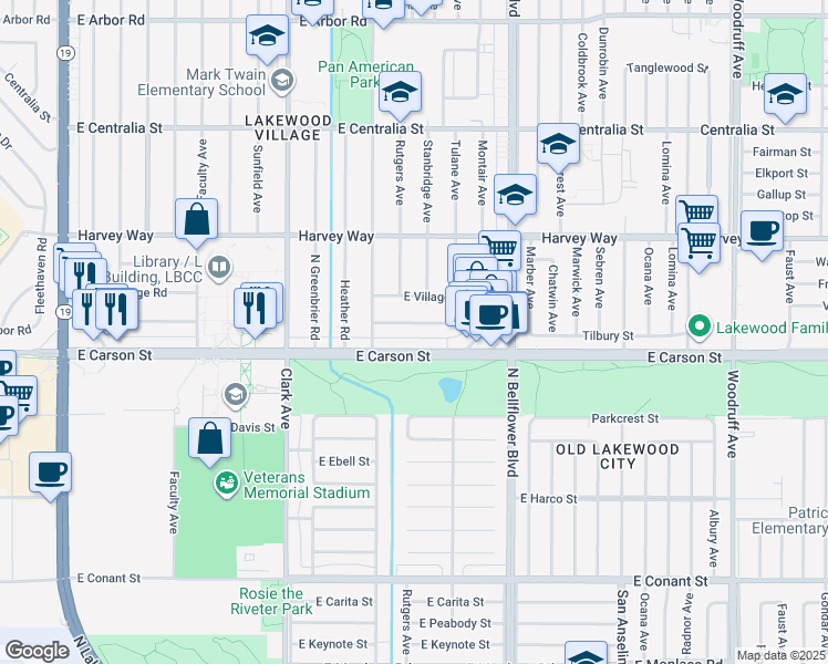 map of restaurants, bars, coffee shops, grocery stores, and more near 5308 East Greenmeadow Road in Long Beach