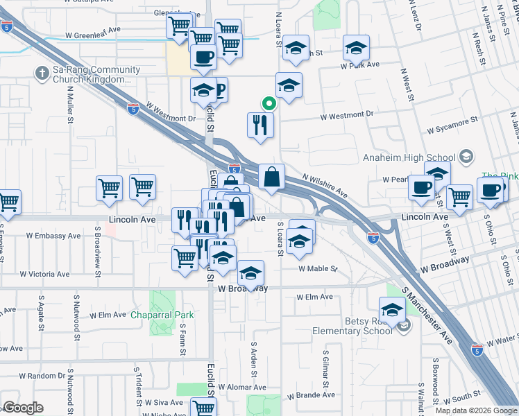 map of restaurants, bars, coffee shops, grocery stores, and more near 1627 West Lincoln Avenue in Anaheim