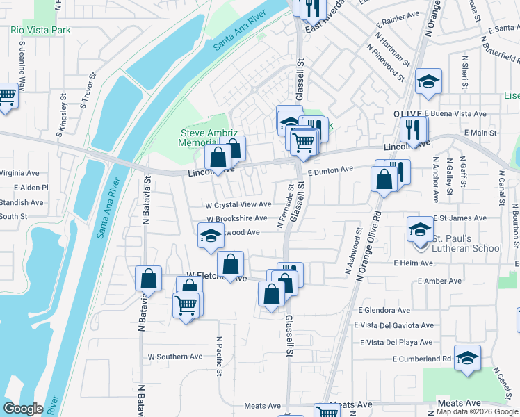 map of restaurants, bars, coffee shops, grocery stores, and more near 224 West Crystal View Avenue in Orange