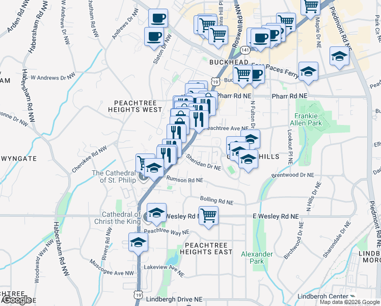 map of restaurants, bars, coffee shops, grocery stores, and more near 2881 Peachtree Road in Atlanta