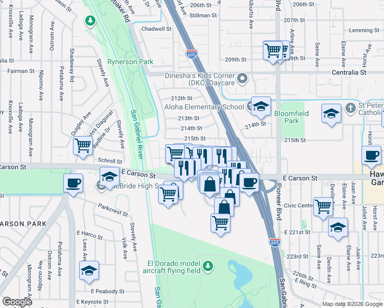 map of restaurants, bars, coffee shops, grocery stores, and more near 11441 216th Street in Lakewood