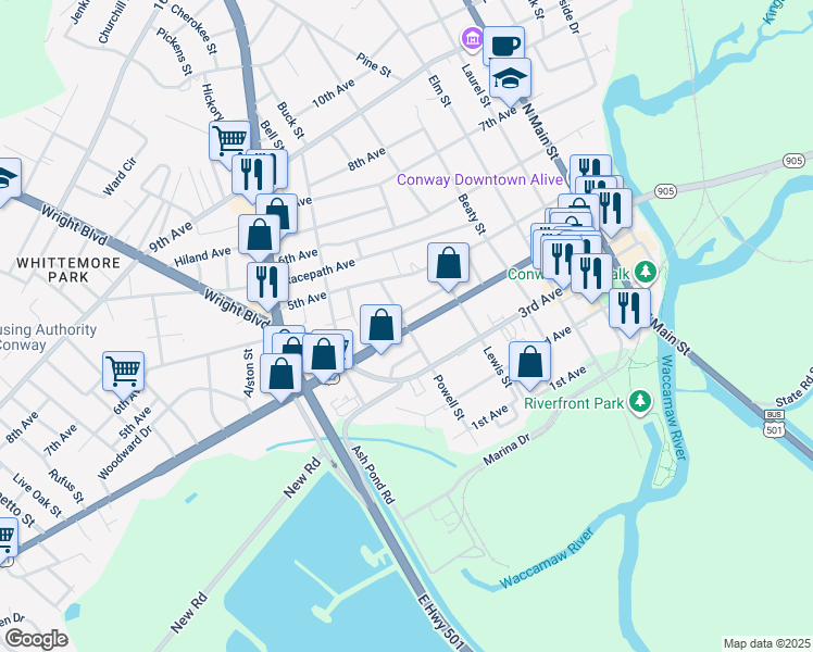 map of restaurants, bars, coffee shops, grocery stores, and more near 3rd Avenue in Conway